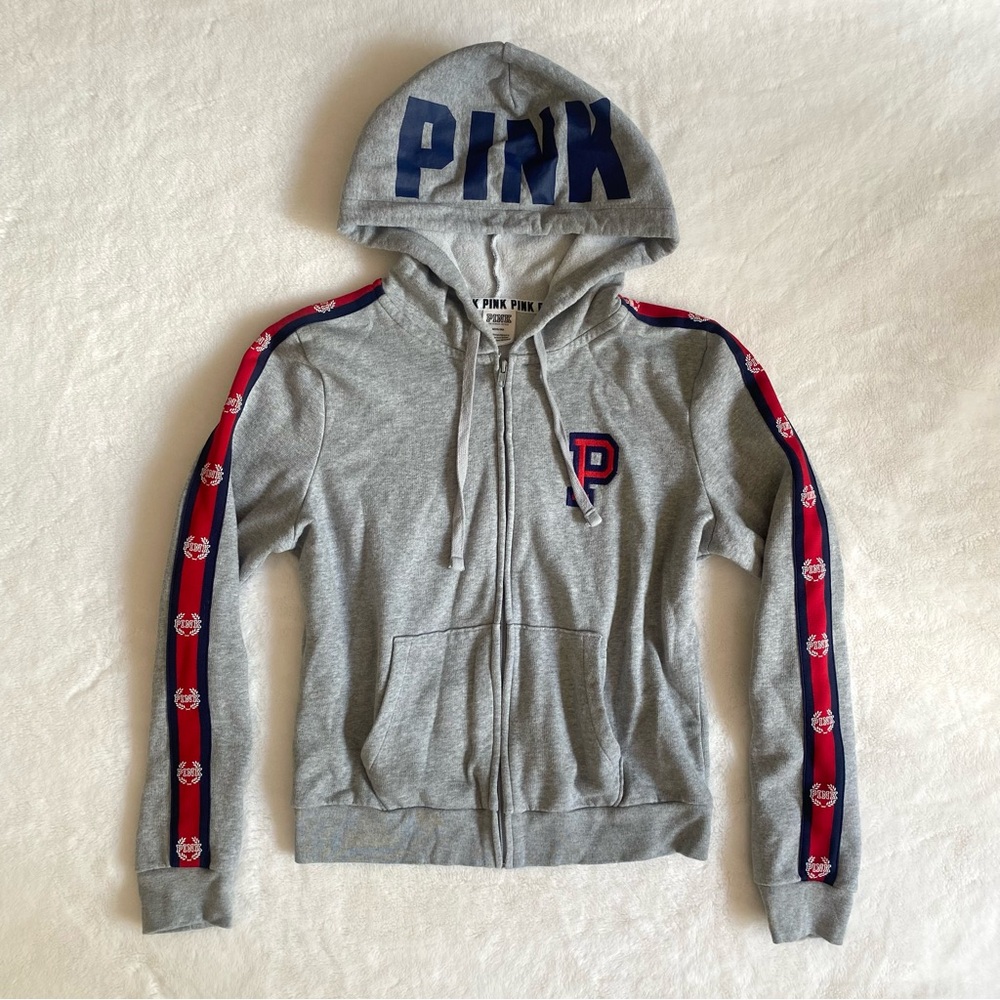 Light grey PINK by VS zip up hoodie jacket w/ red and blue logo stripes sz M